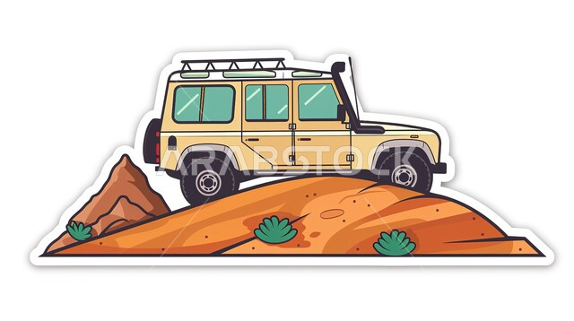 Rock formations and formations, mountainous nature in Saudi Arabia, sand dunes and hills in desert areas, illustration of a four-wheel drive vehicle in the middle of the desert, adventures and safaris in the desert, white background