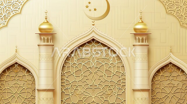 تصاميم وديكورات اسلامية مزخرفة، إطار ثري دي بزخارف اسلاميه, مجسم ثلاثي الابعاد لباب مسجد، مدخل الجامع بقوس ذهبي, اسلاميات وعبادة, خلفية بيج