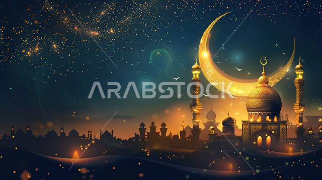 الفن الهندسي والمعماري للمساجد القديمة والحديثة، منظر طبيعي للنجوم المتناثرة في السماء، العبادة والتقرب إلى الله، خلفيات وديكورات اسلامية رمضانية، تصميم متميز لقبب ومآذن المسجد في وقت المساء