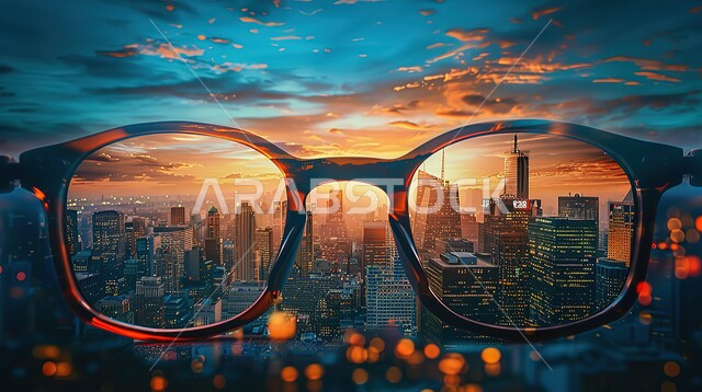 النمو والتقدم العمراني، رؤية سعودية مستقبلية 2030، الفن الهندسي للأبراج وناطحات السحاب على الطراز الحديث، صورة مقربة لنظارات توضح أفق المملكة العربية السعودية مستقبلا عند غروب الشمس 