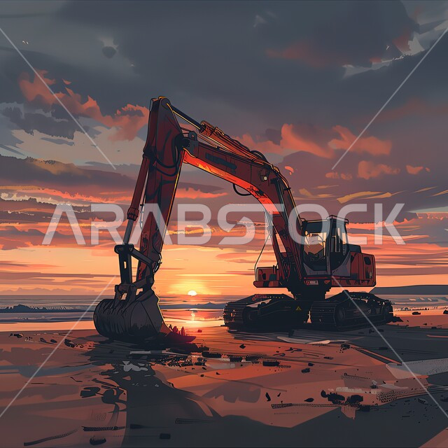 جرافة تعمل على رفع وتعبئة الرمال والحصى، مفهوم الهندسة والبناء والتطوير، مهن ووظائف هندسية في السعودية، معمل تكسير الحجارة والآلات الضخمة، قوة وتقنية عملية استخراج وتحطيم الصخور، آلات ومعدات ثقيلة