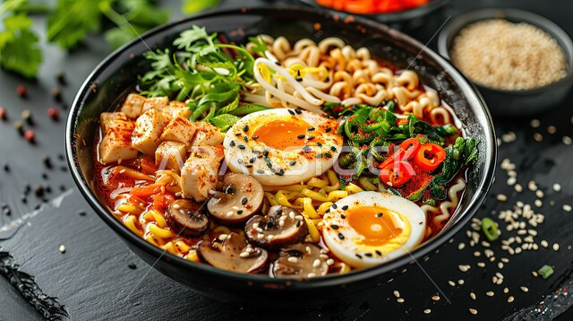 طبق من معكرونة السباغيتي مع الخضراوات مزين بالأعشاب الخضراء, أطباق ووجبات آسيوية شرقية، وعاء نودلز مع البيض المسلوق وأصناف الخضار الطازجة، وجبة من الباستا الشهية، مطاعم المأكولات السريعة