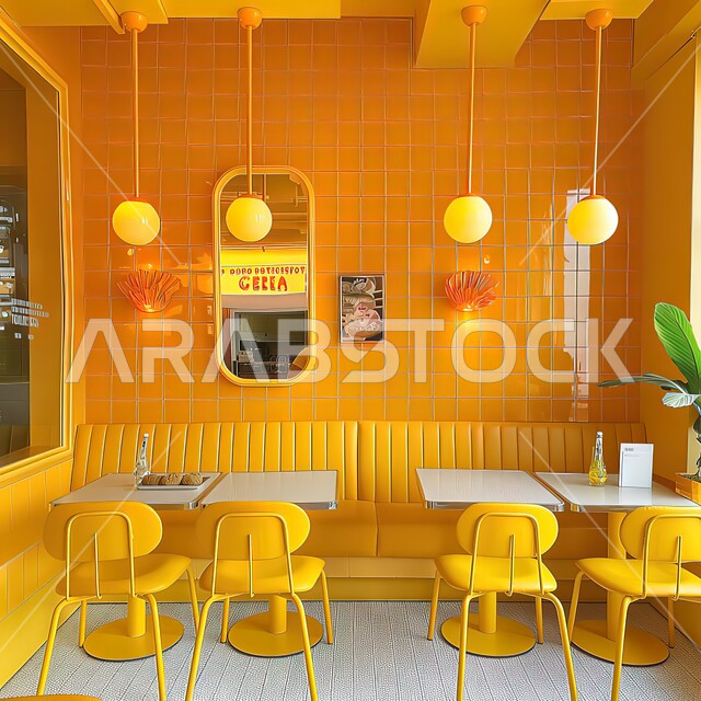 الديكورات والتصاميم الداخلية للكافيهات والمطاعم, صورة من الداخل لمطعم كتش برغر في المملكة العربية السعودية, مطاعم مشهورة لتقديم المأكولات والوجبات السريعة، اثاث وتصميم باللون الأصفر 