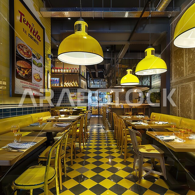 الديكورات والتصاميم الداخلية للكافيهات والمطاعم, صورة من الداخل لمطعم كتش برغر في المملكة العربية السعودية, مطاعم مشهورة لتقديم المأكولات والوجبات السريعة، اثاث وتصميم باللون الأصفر 