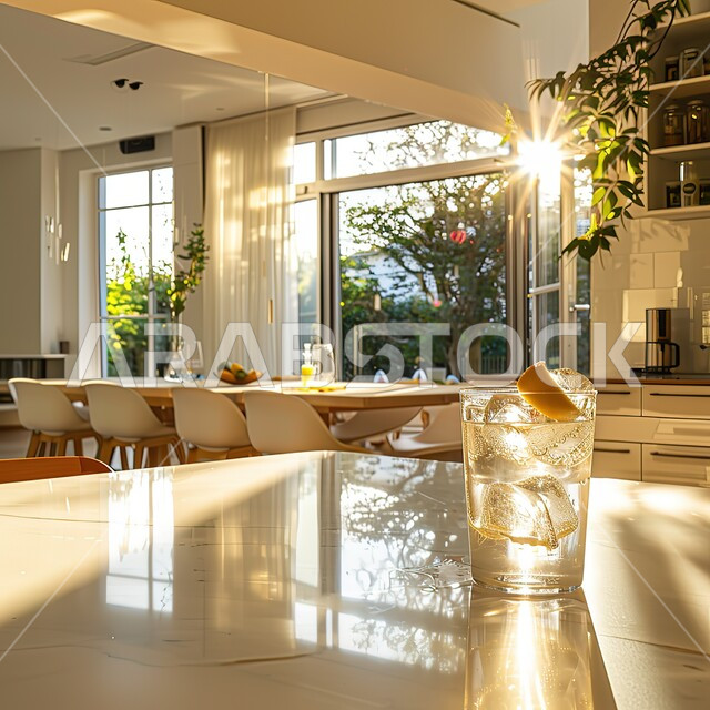 غرفة سفرة بتصاميم عصرية راقية، ديكورات داخلية حديثة لغرف الطعام, اثاث منزلي فاخر, فلل وشقق فاخرة في المملكة العربية السعودية، واجهه زجاجية مطله على الطبيعة والنباتات الخضراء 