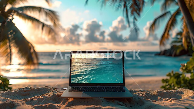 Using advanced technologies, a close-up of a laptop on a wooden table overlooking the seashore, working on a laptop during summer vacation, the role of modern technology in providing greater comfort for individuals, taking advantage of leisure time in developing mental skills