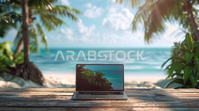 Working on a laptop during the summer vacation, using advanced technologies, a close-up of a laptop computer on a wooden table overlooking the sea beach, the role of modern technology in providing greater comfort for individuals, taking advantage of leisure time in developing mental skills
