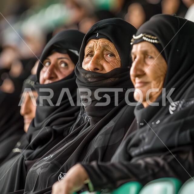 ايماءات وتعابير تدل على التوتر والقلق لعدم خسارة الفريق المفضل، صورة مقربة لنساء كبار بالسن عربيات خليجيات سعوديات محجبات يقفون في مدرج الملعب لحضور المباراة، الشغف بكرة القدم، التشجيع والحماس لتحقيق النجاح