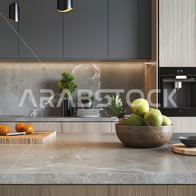 تصميم داخلي حديث للمطابخ داخل الشقق السكنية ،الديكورات العصرية للفلل الفاخرة في المملكة العربية السعودية, صورة مقربة لطبق من الفاكهة داخل المطبخ