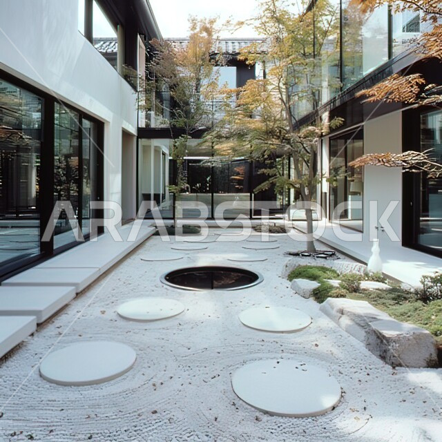 Modern-style decorations for residential apartments and houses, distinctive architectural art, urban growth and progress in the Kingdom of Saudi Arabia, new villas and real estate, green shrubs and plants