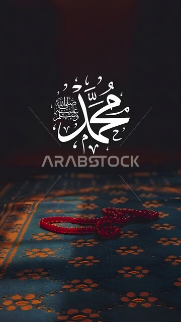 مخطوطة محمد صلى الله عليه وسلم باللون الابيض، العبادة والتقرب إلى الله، عبارات ونصوص باللغة العربية، سجادة صلاة مع مسبحة، المولد النبوي الشريف، خلفية سوداء