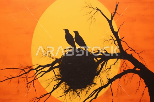 محمية طبيعية لتربية الطيور في المملكة العربية السعودية, صورة ظلية لعصفورين يقفان على غصن شجرة, حدائق الحيوان والمحميات البرية لرعاية العصافير والحيوانات, الاستمتاع بمنظر الطبيعة والسماء الصافية، سيلوييت