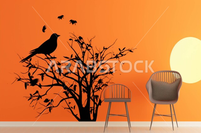 محمية طبيعية لتربية الطيور في المملكة العربية السعودية, صورة ظلية لعصفورين يقفان على غصن شجرة, حدائق الحيوان والمحميات البرية لرعاية العصافير والحيوانات, الاستمتاع بمنظر الطبيعة والسماء الصافية، سيلوييت