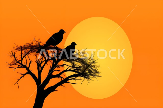 محمية طبيعية لتربية الطيور في المملكة العربية السعودية, صورة ظلية لعصفورين يقفان على غصن شجرة, حدائق الحيوان والمحميات البرية لرعاية العصافير والحيوانات, الاستمتاع بمنظر الطبيعة والسماء الصافية، سيلوييت