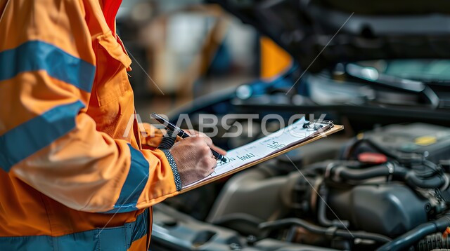 مركز ميكانيك لفحص السيارات ومتابعة الصيانة الدورية، كتابة وتسجيل البيانات والملاحظات، ورشات ومعامل الصيانة في المملكة العربية السعودية، أعمال الفحص والتشييك على أجزاء السيارة, صورة مقربة لميكانيكي يقوم بالتشييك على قطع المحرك الخاصة بالسيارة