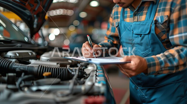 Writing and recording data and notes, maintenance workshops and laboratories in the Kingdom of Saudi Arabia, inspection and inspection work on car parts, a close-up photo of a mechanic inspecting the car’s engine parts, a mechanic center for car inspection and regular maintenance follow-up.