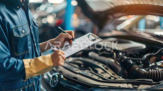 كتابة وتسجيل البيانات والملاحظات، ورشات ومعامل الصيانة في المملكة العربية السعودية، أعمال الفحص والتشييك على أجزاء السيارة, صورة مقربة لميكانيكي يقوم بالتشييك على قطع المحرك الخاصة بالسيارة، مركز ميكانيك لفحص السيارات ومتابعة الصيانة الدورية