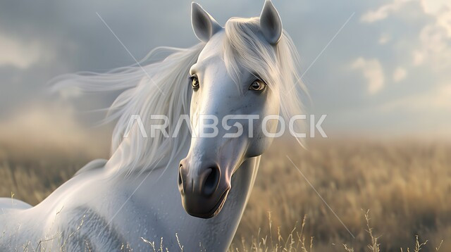 مفهوم تربية الخيول، صورة مقربة لرأس خيل عربي أصيل أبيض اللون يتنقل في البراري، إسطبل رعاية الأحصنة، العناية بالفرس بالمملكة العربية السعودية