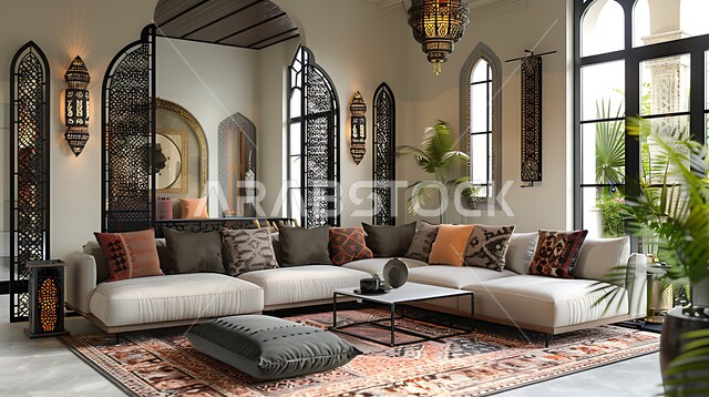 النوافذ والواجهات الزجاجية المتميزة، الاهتمام بنبات الزينة المنزلي، التصاميم الداخلية لغرف الجلوس على الطراز الحديث، غرفة معيشة مع أثاث منزلي فاخر باللون الابيض، ديكور داخلي راقي للفلل والشقق السكنية في المملكة العربية السعودية