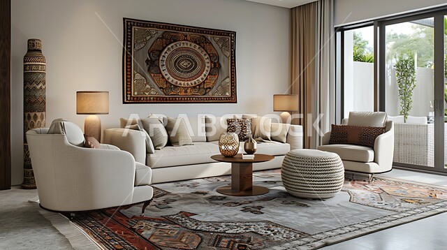 التصاميم الداخلية لغرف الجلوس على الطراز الحديث، النوافذ والواجهات الزجاجية المتميزة، غرفة معيشة مع أثاث منزلي فاخر باللون الابيض، ديكور داخلي راقي للفلل والشقق السكنية في المملكة العربية السعودية