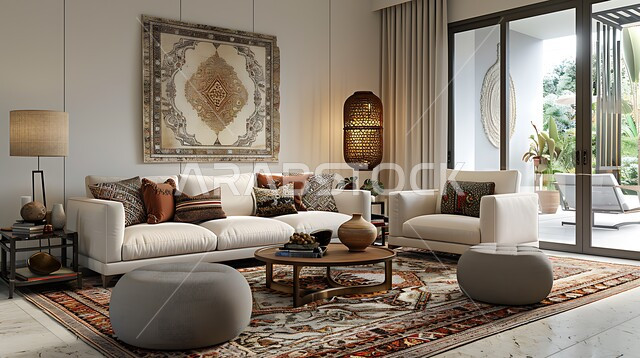 التصاميم الداخلية لغرف الجلوس على الطراز الحديث، النوافذ والواجهات الزجاجية المتميزة، غرفة معيشة مع أثاث منزلي فاخر باللون الابيض، ديكور داخلي راقي للفلل والشقق السكنية في المملكة العربية السعودية