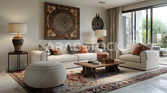 التصاميم الداخلية لغرف الجلوس على الطراز الحديث، النوافذ والواجهات الزجاجية المتميزة، غرفة معيشة مع أثاث منزلي فاخر باللون الابيض، ديكور داخلي راقي للفلل والشقق السكنية في المملكة العربية السعودية