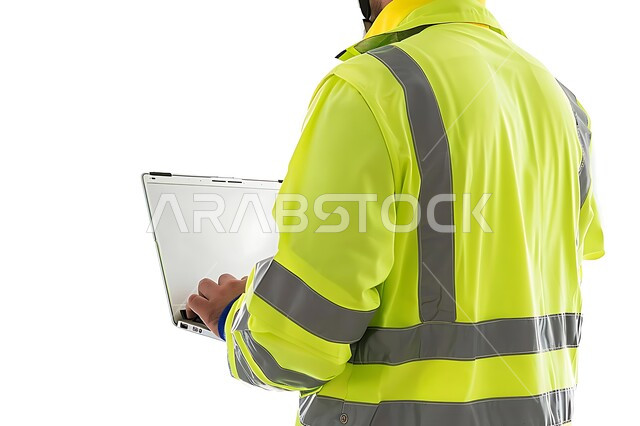 الاهتمام بشؤون العمل، استخدام الأجهزة التقينة الحديثة في المجال الهندسي، بورتريه مقرب من الخلف لمهندس عربي خليجي سعودي يرتدي سترة الحماية يحمل بيده جهاز الحاسوب المحمول، مهن ووظائف هندسية سعودية، خلفية بيضاء