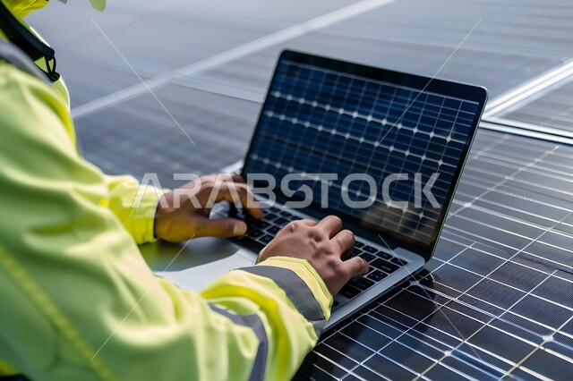 محطات الطاقات المتجددة، الواح وستلايت انتاج الطاقة الكهروضوئية, صورة مقربة لمهندس عربي خليجي سعودي يرتدي سترة الحماية يقوم بالاطلاع على المخططات لهندسية لتركيب الألواح الشمسية من خلال الحاسوب المحمول, توليد الكهرباء باستخدام الطاقة البديلة
