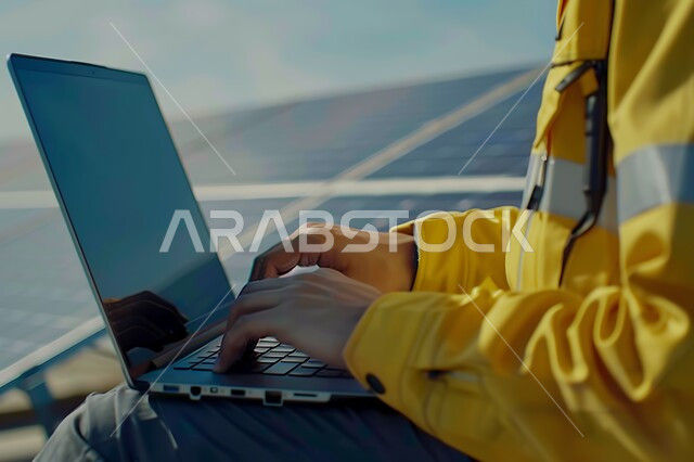 ستلايت والواح انتاج الطاقة الكهروضوئية, محطات الطاقات المتجددة، صورة مقربة لمهندس عربي خليجي سعودي يرتدي سترة الحماية يقوم بالاطلاع على المخططات لهندسية لتركيب الألواح الشمسية من خلال الحاسوب المحمول, توليد الكهرباء باستخدام الطاقة البديلة