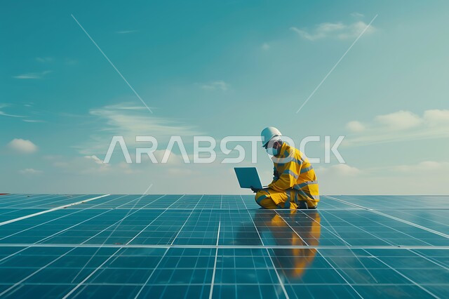 توليد الكهرباء باستخدام الطاقة البديلة، محطات الطاقات المتجددة، الواح وستلايت انتاج الطاقة الكهروضوئية, مهندس عربي خليجي سعودي يرتدي الخوذة وسترة الحماية يقوم بالاطلاع على المخططات لهندسية لتركيب الألواح الشمسية من خلال الحاسوب المحمول