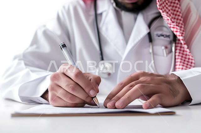 تقديم الخدمات والاستشارات الطبية للمراجعين، مفهوم الطب والرعاية الصحية ،بورتريه لطبيب عربي خليجي سعودي يرتدي الشماغ والمعطف الطبي يقوم بتدوين معلومات عن حالة المريض، مهن ووظائف سعودية، خلفية بيضاء