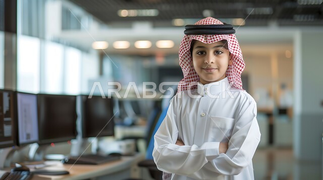اعتماد التقنيات والتكنولوجيا الحديثة, صورة مقربة لولد عربي سعودي خليجي يرتدي الشماغ والثوب التقليدي يقف امام اجهزة الحاسب المحمول ينظر الى الكاميرا بإيماءات الثقة بالنفس، مهن ووظائف سعودية