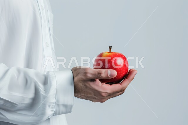 High quality Saudi agricultural crops, selection of the finest fresh fruits, close-up portrait of a young Saudi Arabian Gulf man wearing traditional thobe holding red apples, light healthy meal, meeting the body's essential needs, white background