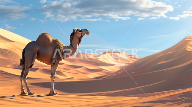  تربية الجمال والإبل، جمل يقف على الرمال الذهبية الناعمة في المناطق الصحراوية بالمملكة العربية السعودية، الكثبان والمرتفعات الجبلية في الصحراء، صحاري شبه الجزيرة العربية 