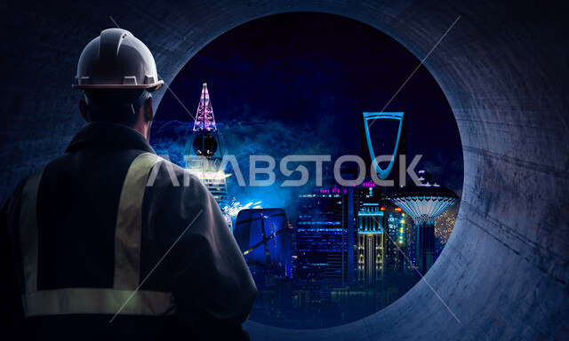 مفهوم التقنيات الالكترونية الحديثة، صورة مقربة من الخلف لمهندس عربي سعودي خليجي يرتدي سترة الحماية والخوذة ينظر الى ابراج المملكة، صور تجسيمية خاصة بالمنشأت و الابراج المعمارية، تعزيز الواقع الافتراضي