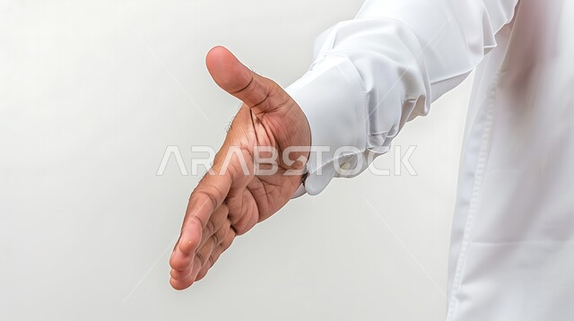 التعارف و الصداقه وتكوين علاقات, إلقاء التحيه والسلام, بورتريه مقرب ليد رجل عربي خليجي سعودي يرتدي الثوب التقليدي يقوم بمد كفه للمصافحة, مفهوم الاستقبال والترحيب، خلفية بيضاء