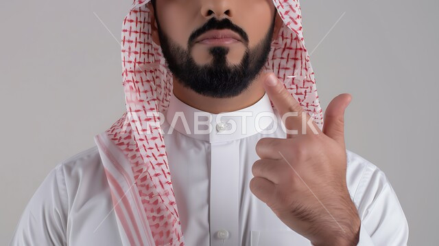 ايماءات التوضيح والشرح ، بورتريه مقرب لرجل عربي خليجي سعودي يرتدي الزي التقليدي والشماغ يقوم الإشارة بإصبعه السبابة الى شيء ما ، تعابير يد تدل على محاولة الانتحار وقتل النفس، خلفية رمادية