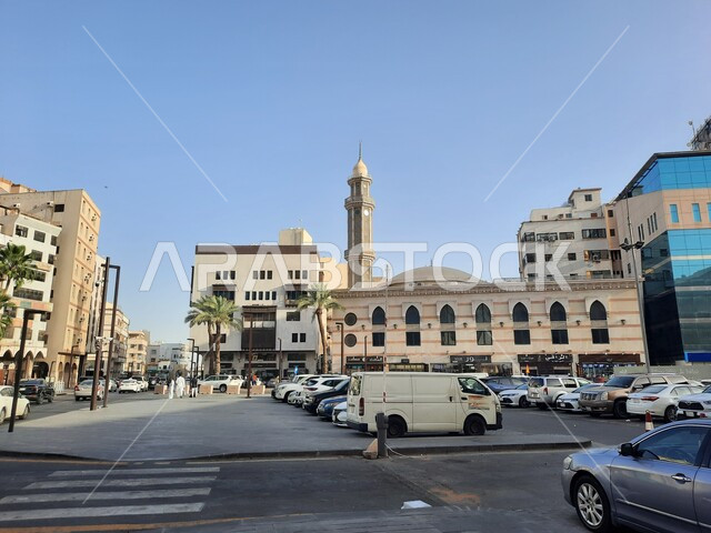 Car traffic in the streets and roads, monuments and archaeological places in the Kingdom of Saudi Arabia, heritage buildings in the Al-Balad neighborhood, interest in infrastructure, paved roads in the historic city of Jeddah