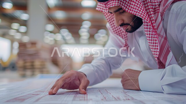 The development of structural engineering in Saudi Arabia, supervising projects and following up on their progress, a close-up photo of a Saudi Gulf Arab engineer wearing a shemagh checking the dimensions of the plan, project management from the work site, achieving the urban revolution, professions and jobs in the Kingdom