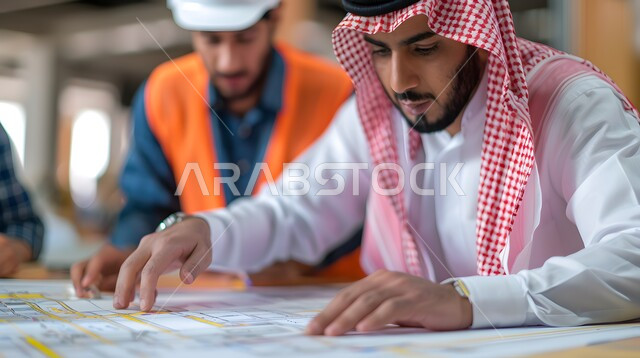 Drawing up and reviewing reconstruction plans, supervising projects and following up on their progress, a close-up of a Saudi Gulf Arab engineer wearing the traditional white thobe and shemagh, project management from the work site, achieving the urban revolution, the development of structural engineering in Saudi Arabia, professions and jobs in the Kingdom