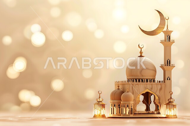 مقصد المسلمين لأداء الصلوات، العبادة والتقرب الى الله تعالى, المعالم الإسلامية المقدسة، مجسم ثلاثي الابعاد لمسجد وهلال الشهر, أجواء رمضانية روحانية إسلامية, التصاميم العصرية على الطراز الحديث لبناء المساجد في المملكة العربية السعودية