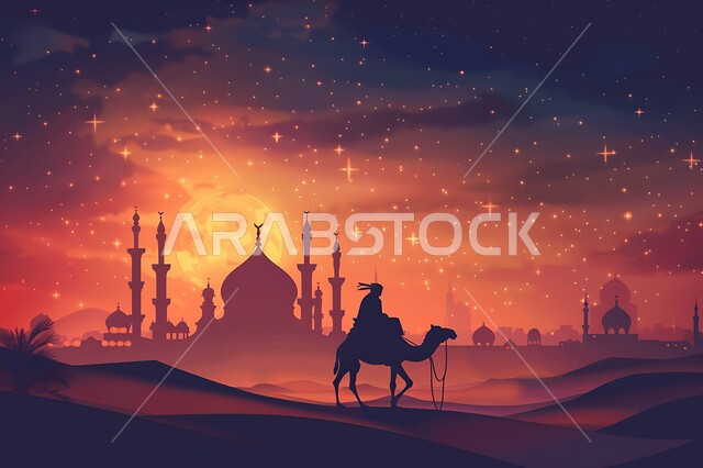 استخدام الجمال للتنقل والترحال، الكثبان الرملية في المناطق الصحراوية، صورة ظلية ثلاثية الابعاد لرجل يمتطي الابل يسير في الصحراء بالمملكة العربية السعودية، الرمال الذهبية الناعمة، خلفية مسجد وقت غروب الشمس، سيلويت