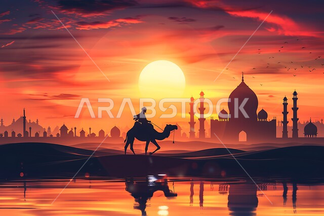 الكثبان الرملية في المناطق الصحراوية، صورة ظلية ثلاثية الابعاد لرجل يمتطي الابل يسير في الصحراء بالمملكة العربية السعودية، الرمال الذهبية الناعمة، استخدام الجمال للتنقل والترحال، خلفية مسجد وقت غروب الشمس، سيلويت