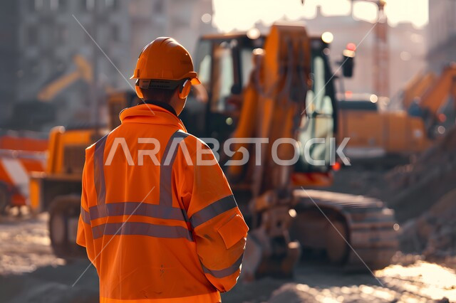 Following up on the implementation of architectural projects, supervising the progress of excavation and construction work, a picture from behind of a Saudi Gulf Arab engineer following up on plans at the work site, wearing the orange work uniform and a protective helmet, Saudi professions and jobs, working in the field of structural engineering