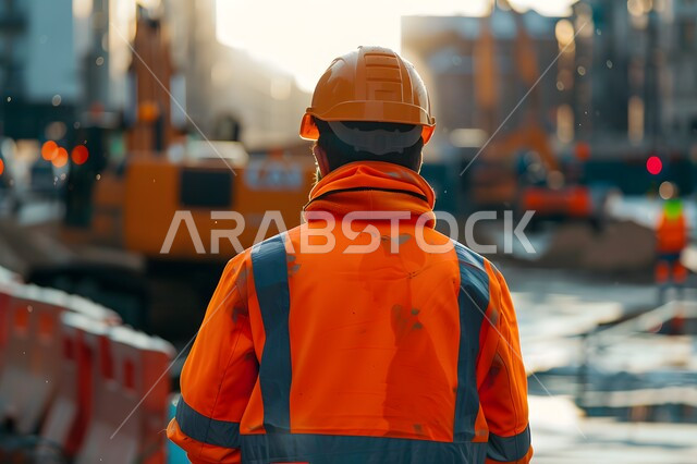 العمل في مجال الهندسة الإنشائية, الإشراف على سير أعمال الحفر والبناء, صورة من الخلف لمهندس عربي خليجي سعودي  يتابع الخطط في موقع العمل, إرتداء الزي البرتقالي الخاص بالعمل وخوذة الحماية, متابعة تنفيذ المشاريع المعمارية, مهن ووظائف سعودية