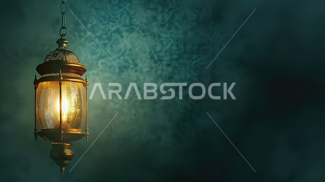 إضاءة وزينة رمضان المبارك، فانوس عربي تقليدي معدني مزخرف مضيء، التحف والأنوار والديكورات الاسلامية التقليدية، الإحتفال بقدوم شهر الخير والبركة، أجواء رمضانية روحانية دينية