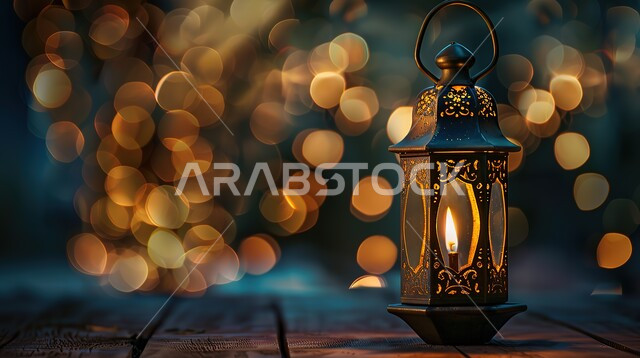 فانوس عربي تقليدي معدني مزخرف مضيء، التحف والأنوار والديكورات الاسلامية التقليدية، إضاءة وزينة رمضان المبارك، الإحتفال بقدوم شهر الخير والبركة، أجواء رمضانية روحانية دينية