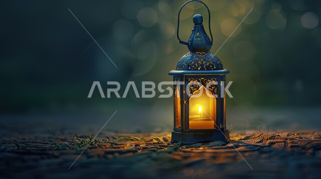 التحف والأنوار والديكورات الاسلامية التقليدية، فانوس عربي تقليدي معدني مزخرف مضيء، إضاءة وزينة رمضان المبارك، الإحتفال بقدوم شهر الخير والبركة، أجواء رمضانية روحانية دينية