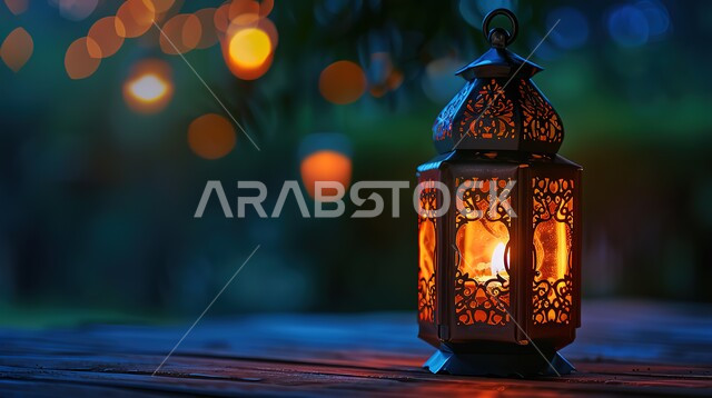 Traditional Islamic lights, decorations and antiques, traditional Arabic metal lantern decorated with light, Ramadan lighting and decorations, celebrating the arrival of the month of goodness and blessings, spiritual religious Ramadan atmosphere