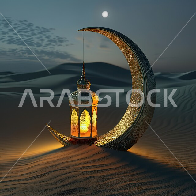 ديكورات وأنوار اسلامية، فانوس عربي تقليدي معدني مضيء مع هلال الشهر وسط الرمال الناعمة في صحراء السعودية، إضاءة وزينة رمضان المبارك ، الإحتفال بقدوم شهر الخير والبركة، أجواء رمضانية روحانية دينية
